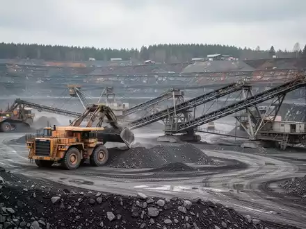 Große industrielle Tagebauanlage mit schweren Baumaschinen und Förderbändern in einer deutschen Bergbaulandschaft. - Foto: über boerse-global.de
