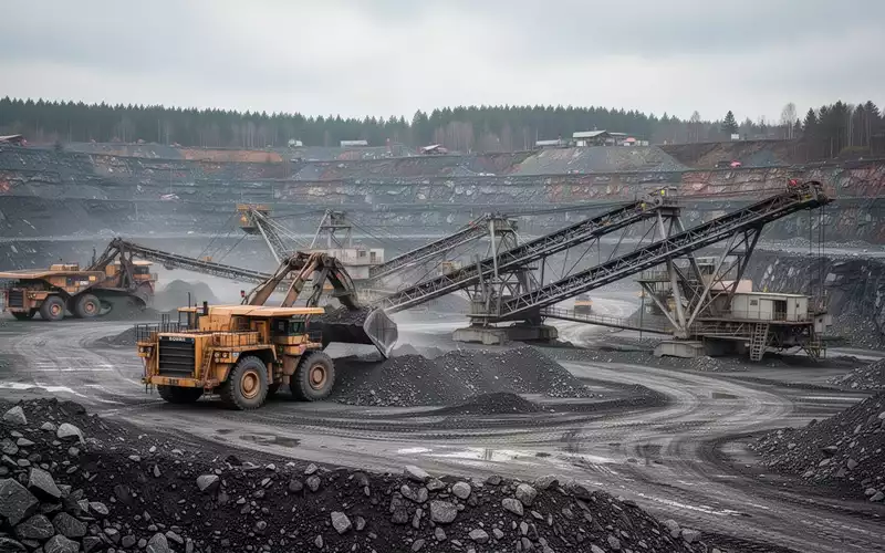 Große industrielle Tagebauanlage mit schweren Baumaschinen und Förderbändern in einer deutschen Bergbaulandschaft. - Foto: über boerse-global.de