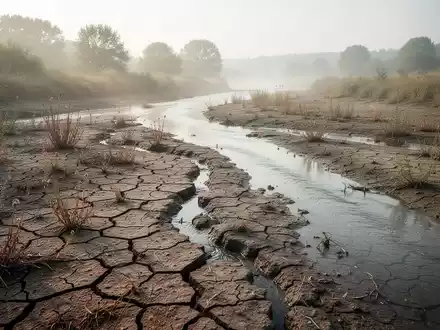 Ein ausgetrocknetes Flussbett mit rissiger Erde und karger Vegetation während einer sommerlichen Dürreperiode. - Foto: über boerse-global.de