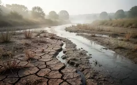 Ein ausgetrocknetes Flussbett mit rissiger Erde und karger Vegetation während einer sommerlichen Dürreperiode. - Foto: über boerse-global.de