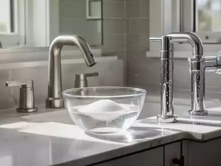 Ein modernes Badezimmer mit glänzenden Armaturen und einer Schale mit Reinigungslösung zur Entkalkung. - Foto: über boerse-global.de