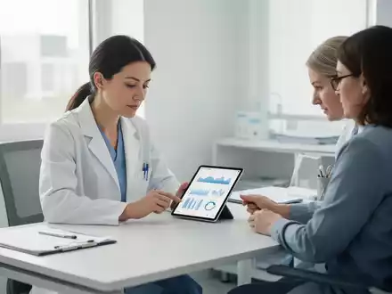 Ein Arzt bespricht in einer hellen, modernen Praxis digitale Gesundheitsdaten mit einem Patienten am Tablet. - Foto: über boerse-global.de