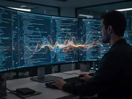 Sicherheitsanalyst vor einem Monitor mit komplexen Code-Strukturen und Netzwerkdaten in einem modernen Büro. - Foto: über boerse-global.de