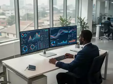Ein Finanzanalyst arbeitet an modernen Bildschirmen mit komplexen Datenvisualisierungen in einem hellen Büro. - Foto: über boerse-global.de
