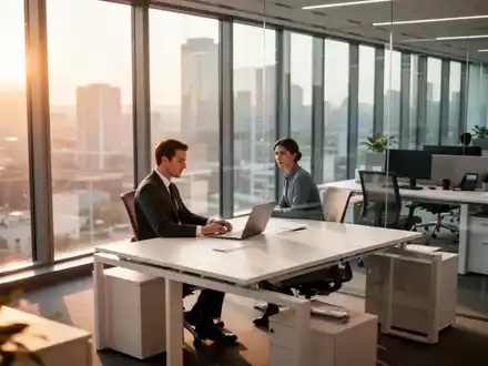 Ein professioneller, moderner Büroarbeitsplatz in hellem, natürlichem Tageslicht mit einem Laptop auf einem aufgeräumten Schreibtisch. - Foto: über boerse-global.de