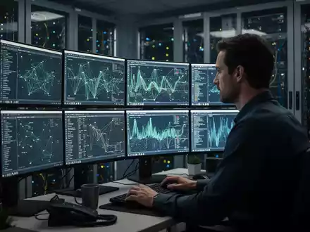 Ein Cybersicherheitsexperte analysiert komplexe Netzwerkdaten an mehreren Monitoren in einem Serverraum. - Foto: über boerse-global.de