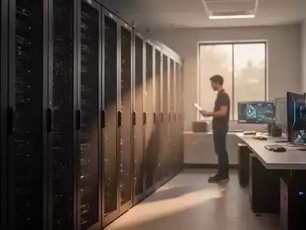 Ein moderner Serverraum mit minimalistischen Hardware-Racks und einem Ingenieur im unscharfen Hintergrund. - Foto: über boerse-global.de