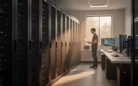 Ein moderner Serverraum mit minimalistischen Hardware-Racks und einem Ingenieur im unscharfen Hintergrund. - Foto: über boerse-global.de