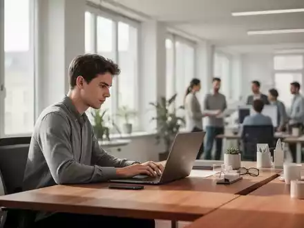 Ein junger Fachmann arbeitet in einem modernen, hellen Büro an einem Laptop, während Kollegen im Hintergrund diskutieren. - Foto: über boerse-global.de