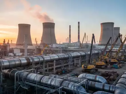 Moderne Industrieanlage mit groĂen Produktionshallen und Schornsteinen bei Sonnenuntergang. - Foto: ĂŒber boerse-global.de