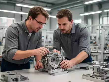 Zwei Ingenieure arbeiten gemeinsam an einem technischen Prototyp in einer modernen Werkstatt. - Foto: über boerse-global.de