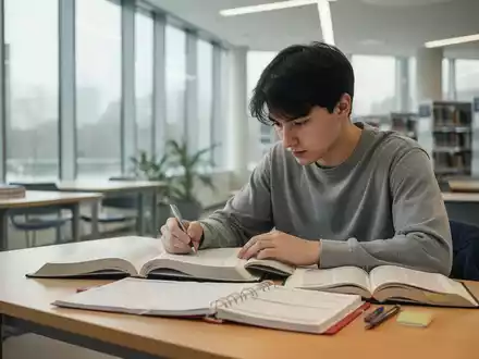 Ein konzentrierter Student lernt an einem Schreibtisch in einer modernen Bibliothek mit aufgeschlagenen Büchern und einem Planer. - Foto: über boerse-global.de