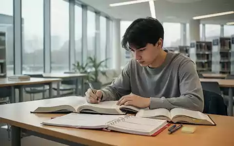 Ein konzentrierter Student lernt an einem Schreibtisch in einer modernen Bibliothek mit aufgeschlagenen Büchern und einem Planer. - Foto: über boerse-global.de
