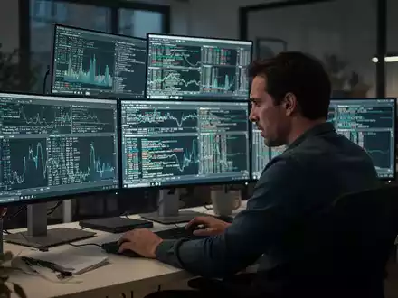 Ein IT-Mitarbeiter arbeitet konzentriert in einem modernen Büro vor mehreren Bildschirmen an Cybersicherheitslösungen. - Foto: über boerse-global.de