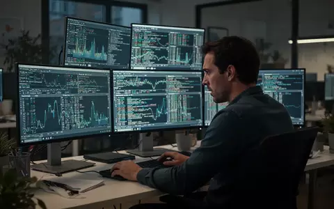Ein IT-Mitarbeiter arbeitet konzentriert in einem modernen Büro vor mehreren Bildschirmen an Cybersicherheitslösungen. - Foto: über boerse-global.de
