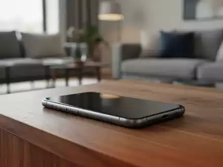 Ein modernes Smartphone liegt auf einer Holzoberfläche in einem hellen, modern eingerichteten Wohnzimmer. - Foto: über boerse-global.de