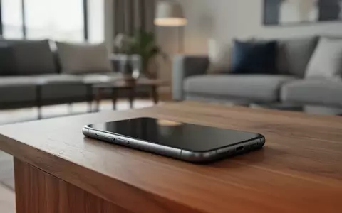 Ein modernes Smartphone liegt auf einer Holzoberfläche in einem hellen, modern eingerichteten Wohnzimmer. - Foto: über boerse-global.de