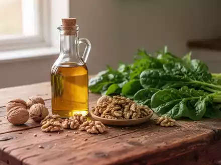 Eine Auswahl an pflanzlichen Omega-3-Quellen wie Leinöl, Walnüsse und frisches grünes Gemüse auf einem Holztisch. - Foto: über boerse-global.de