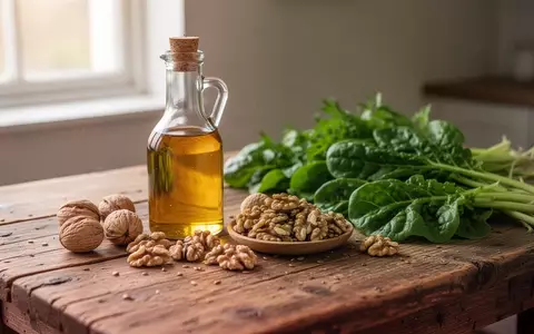 Eine Auswahl an pflanzlichen Omega-3-Quellen wie Leinöl, Walnüsse und frisches grünes Gemüse auf einem Holztisch. - Foto: über boerse-global.de
