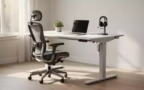 Ein moderner, aufgeräumter Homeoffice-Arbeitsplatz mit einem höhenverstellbaren Schreibtisch in einem hellen Zimmer. - Foto: über boerse-global.de