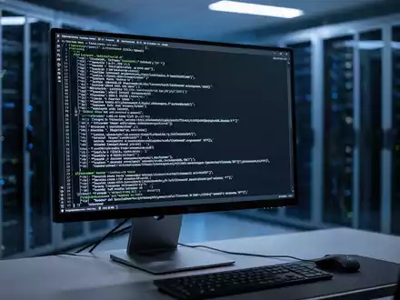 Ein dunkler Arbeitsplatz mit einem Monitor, auf dem komplexer Programmcode zu sehen ist, in einem modernen Serverraum. - Foto: über boerse-global.de