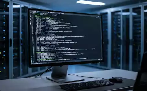 Ein dunkler Arbeitsplatz mit einem Monitor, auf dem komplexer Programmcode zu sehen ist, in einem modernen Serverraum. - Foto: über boerse-global.de