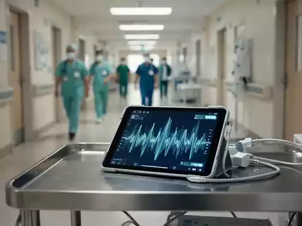 Ein modernes Krankenhaus-Tablet auf einem sterilen Arbeitstisch zeigt abstrakte medizinische Daten zur Patientenversorgung. - Foto: über boerse-global.de
