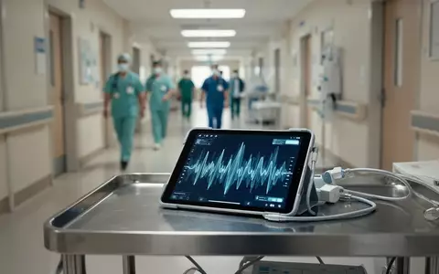 Ein modernes Krankenhaus-Tablet auf einem sterilen Arbeitstisch zeigt abstrakte medizinische Daten zur Patientenversorgung. - Foto: über boerse-global.de