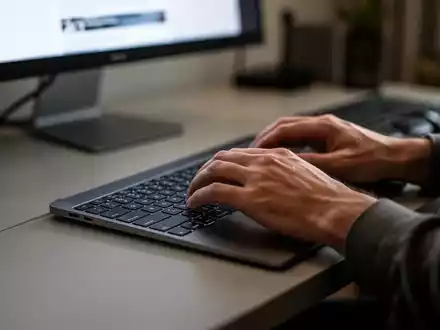 Nahaufnahme einer Person an einem Laptop-Keyboard in einem abgedunkelten BĂŒro, die auf die Risiken von InternetkriminalitĂ€t hinweist. - Foto: ĂŒber boerse-global.de