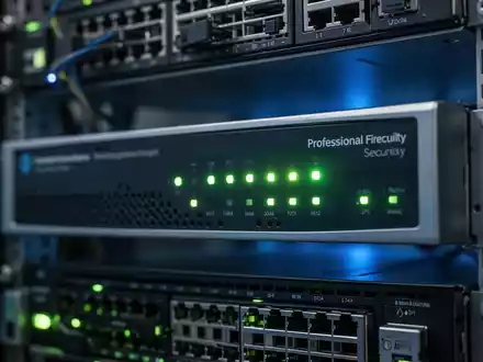 Nahaufnahme eines modernen Netzwerk-Firewall-Geräts in einem Serverraum mit blinkenden Status-LEDs. - Foto: über boerse-global.de