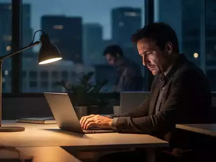 Erschöpfter Büroangestellter arbeitet bei gedimmtem Licht an einem Schreibtisch während der Abenddämmerung. - Foto: über boerse-global.de