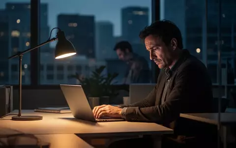 Erschöpfter Büroangestellter arbeitet bei gedimmtem Licht an einem Schreibtisch während der Abenddämmerung. - Foto: über boerse-global.de
