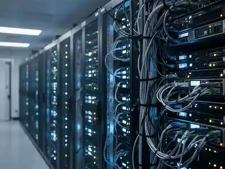 Moderne Server-Racks in einem Rechenzentrum mit leuchtenden Status-Anzeigen und technischer Infrastruktur. - Foto: über boerse-global.de