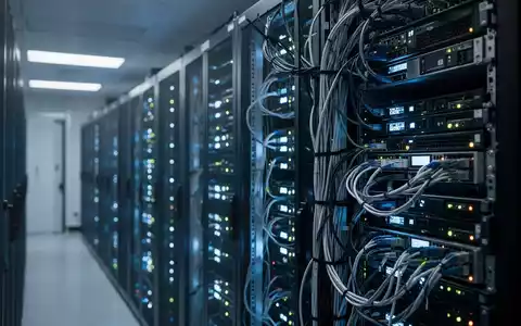 Moderne Server-Racks in einem Rechenzentrum mit leuchtenden Status-Anzeigen und technischer Infrastruktur. - Foto: über boerse-global.de