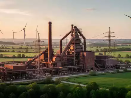 Industrielle Produktionsanlage mit Windkraftanlagen im Hintergrund, verbunden durch eine Stromleitung in der Landschaft. - Foto: über boerse-global.de