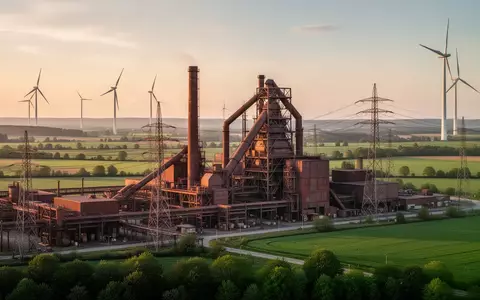 Industrielle Produktionsanlage mit Windkraftanlagen im Hintergrund, verbunden durch eine Stromleitung in der Landschaft. - Foto: über boerse-global.de