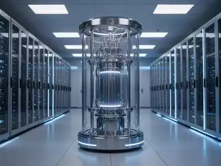 Ein moderner Quantencomputer in einem hochtechnisierten Rechenzentrum mit blauer Beleuchtung. - Foto: über boerse-global.de