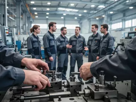 Arbeiter in einer modernen Industriehalle in einem Gespräch während einer Schicht in der Metall- und Elektroindustrie. - Foto: über boerse-global.de