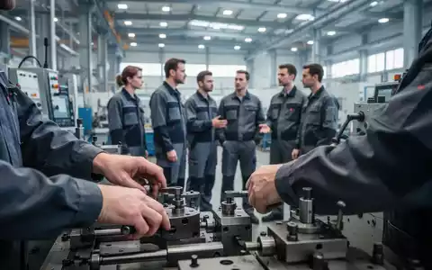 Arbeiter in einer modernen Industriehalle in einem Gespräch während einer Schicht in der Metall- und Elektroindustrie. - Foto: über boerse-global.de