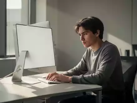 Ein junger Erwachsener sitzt nachdenklich vor einem leeren Computerbildschirm in einem modernen Büro. - Foto: über boerse-global.de