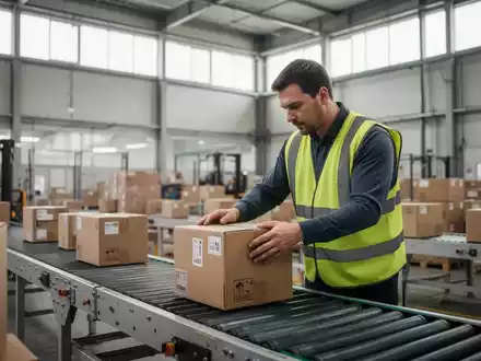 Ein Mitarbeiter in einem Logistikzentrum überprüft ein Versandpaket an einem Fließband unter natürlichem Tageslicht. - Foto: über boerse-global.de
