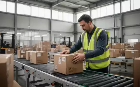 Ein Mitarbeiter in einem Logistikzentrum überprüft ein Versandpaket an einem Fließband unter natürlichem Tageslicht. - Foto: über boerse-global.de