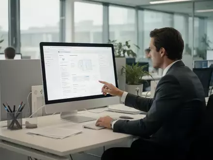 Ein Mitarbeiter in einem modernen Büroarbeitsplatz, der mit einem Computer arbeitet, in einer professionellen Umgebung. - Foto: über boerse-global.de