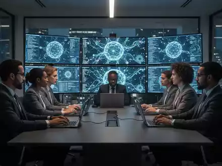 Ein Team von Cybersicherheitsexperten arbeitet konzentriert an Monitoren mit abstrakten Datenvisualisierungen. - Foto: über boerse-global.de