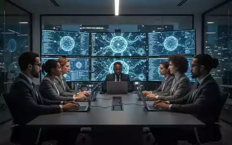 Ein Team von Cybersicherheitsexperten arbeitet konzentriert an Monitoren mit abstrakten Datenvisualisierungen. - Foto: über boerse-global.de