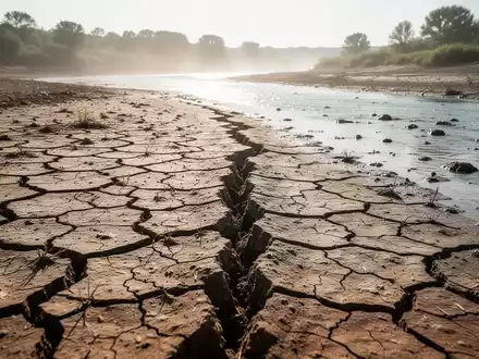 Ausgetrocknetes, rissiges Flussbett während einer sommerlichen Hitzewelle bei hellem Tageslicht. - Foto: über boerse-global.de
