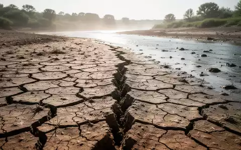 Ausgetrocknetes, rissiges Flussbett während einer sommerlichen Hitzewelle bei hellem Tageslicht. - Foto: über boerse-global.de