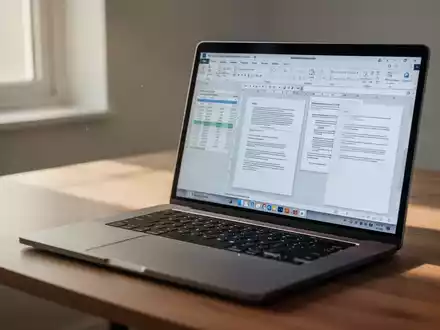 Ein moderner, aufgeräumter Schreibtisch mit einem Laptop, auf dessen Bildschirm Bürosoftware zu sehen ist. - Foto: über boerse-global.de
