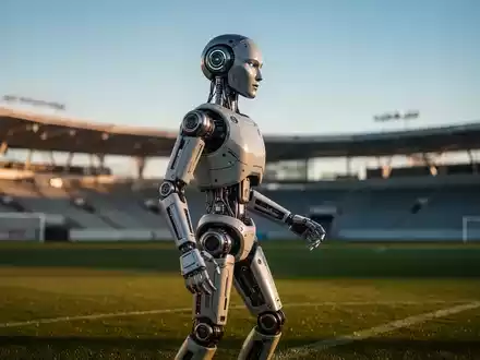 Ein humanoider Roboter steht auf einem Fußballfeld vor einer Stadionkulisse. - Foto: über boerse-global.de