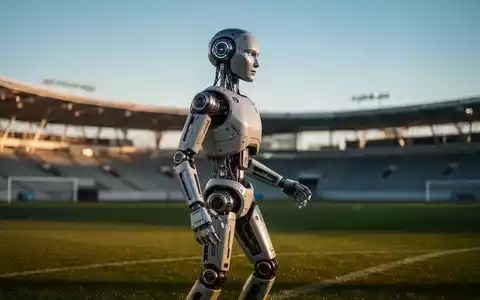 Ein humanoider Roboter steht auf einem Fußballfeld vor einer Stadionkulisse. - Foto: über boerse-global.de